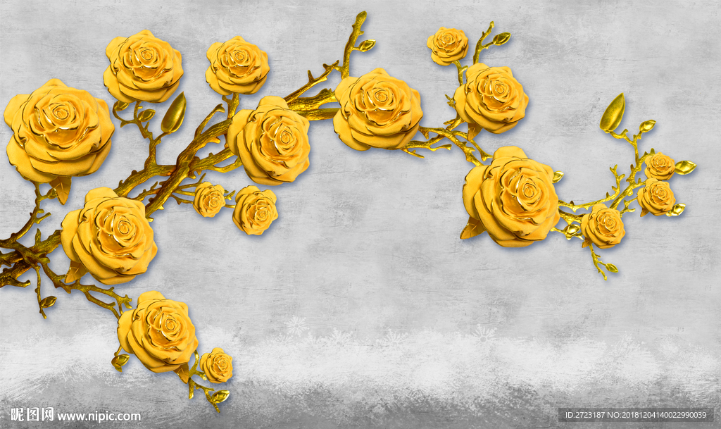 一束金灿灿金属质感玫瑰花朵壁画