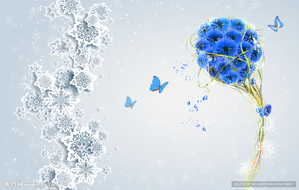 蓝色花球蝴蝶围绕雪花壁画背景墙