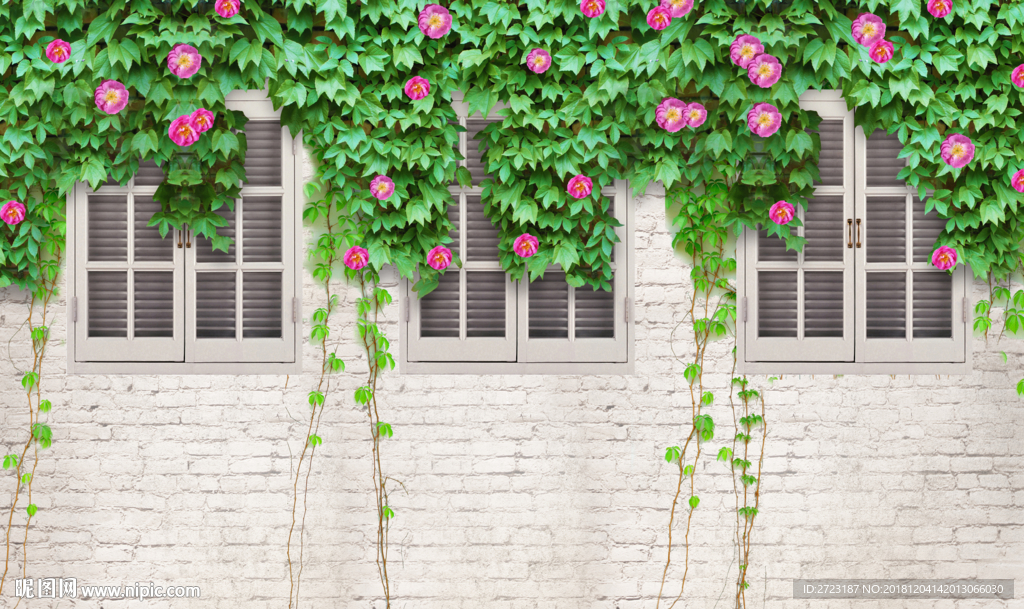 墙壁藤花花簇花丛爬墙花壁画背景