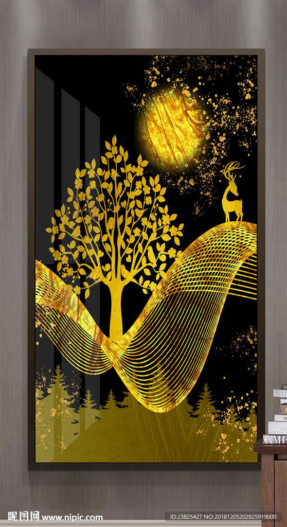 现代简约抽象金色山水树木装饰画