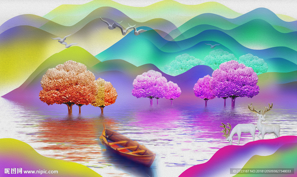彩色彩虹山川河流抽象壁画背景墙
