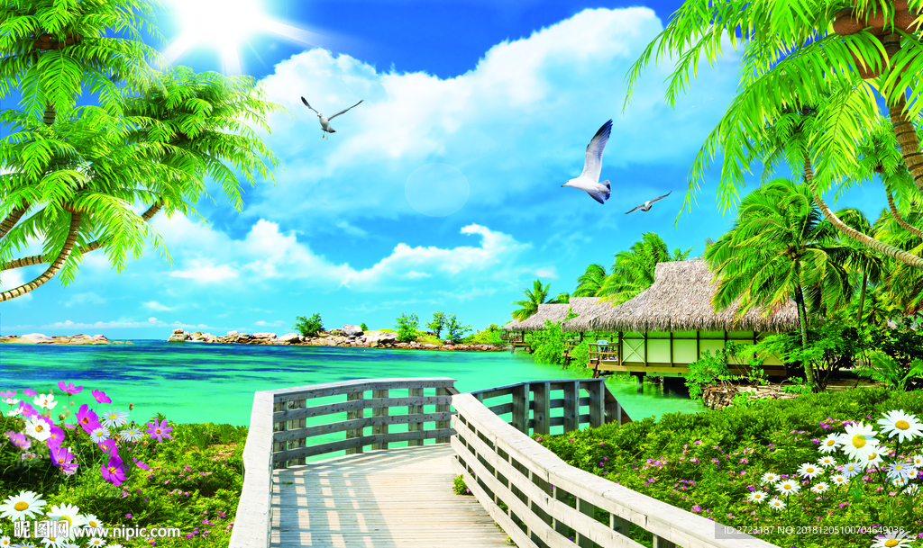 清新绿色旅游盛地壁画背景墙风景
