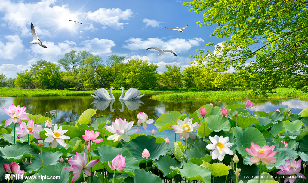 湖中白天鹅戏水春暖花开风景壁画