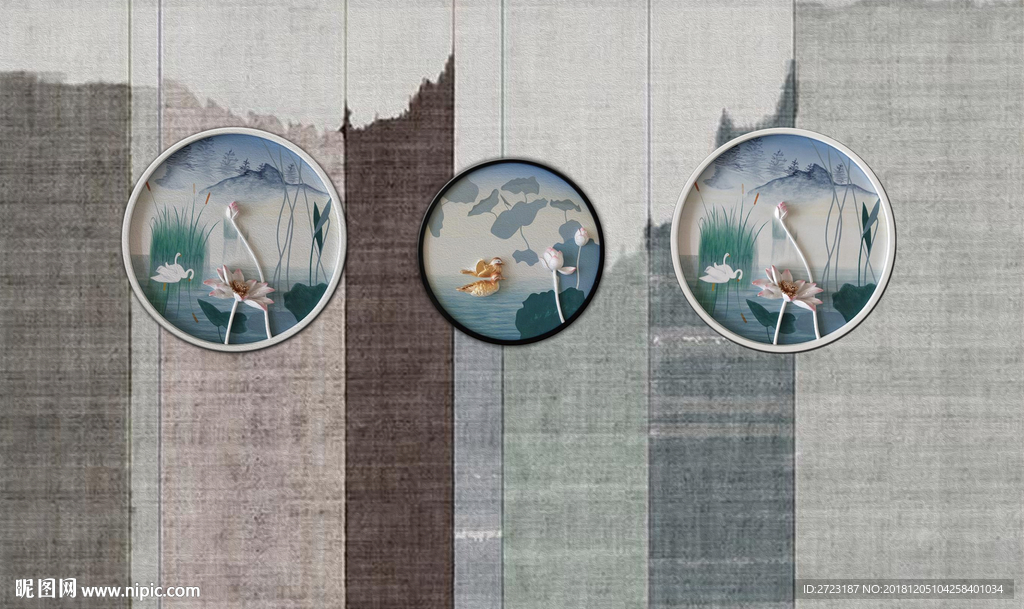 个性典雅创意荷花做旧壁画背景墙