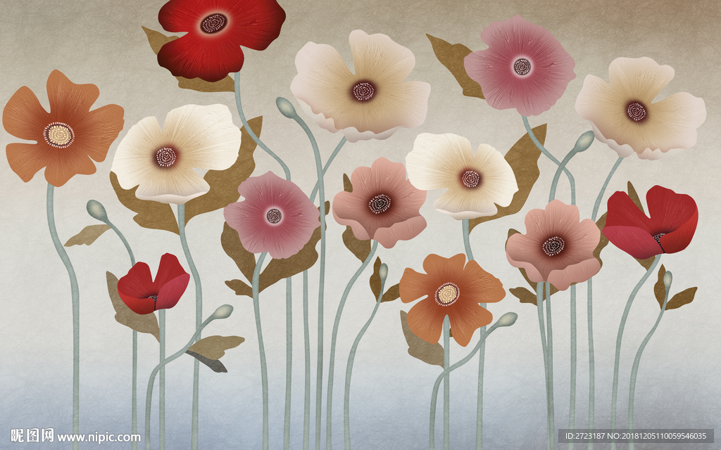 艺术抽象彩色花朵绽放壁画背景墙