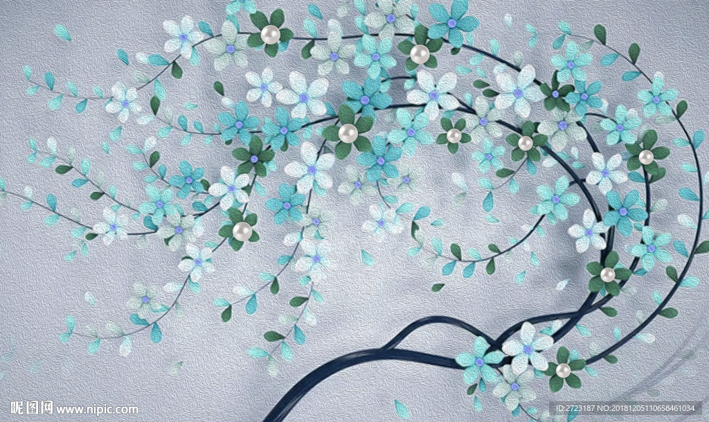 个性冷色浪漫小碎花枝条壁画背景