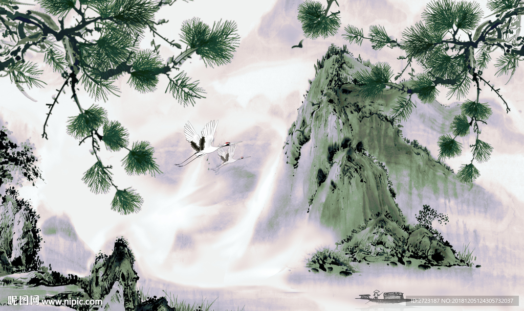 美国松树树枝山峰意境壁画背景墙
