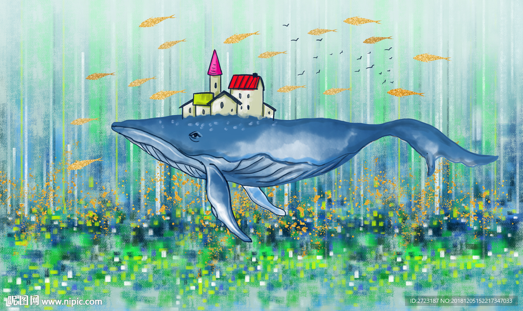 绿色海底海草大鲨鱼壁画背景墙