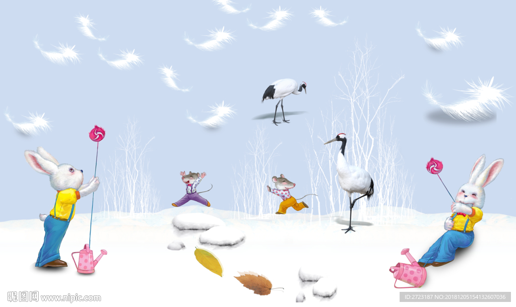 漂亮的雪花树枝动物背景墙壁画