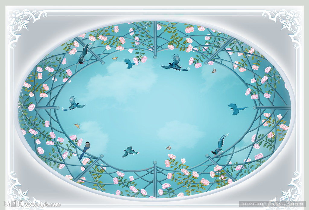 浪漫清新天花板吊顶壁画背景墙