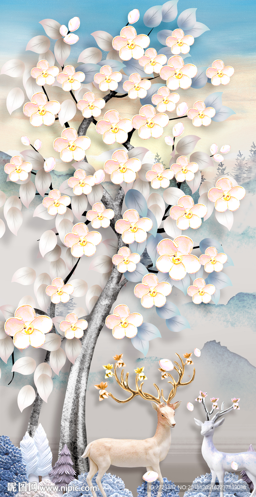 清新浅蓝色树枝花朵绽放玄关背景