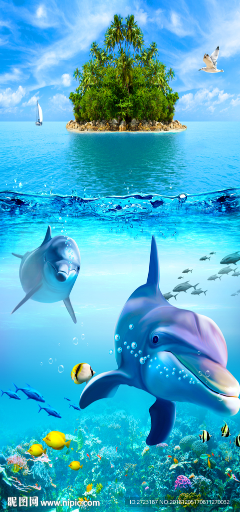 蓝色海底世界湖中岛玄关风景壁画