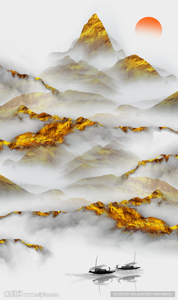 金色抽象山峰云层玄关壁画背景墙