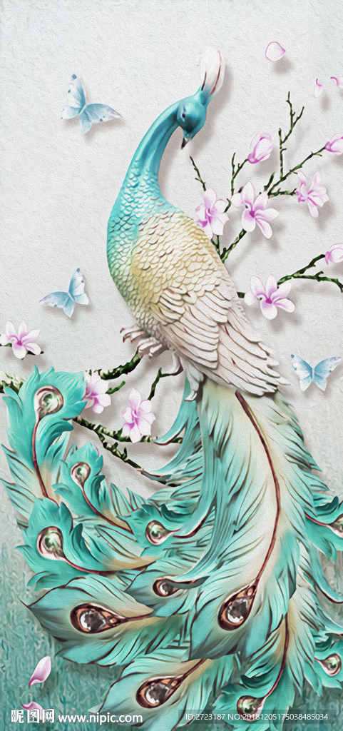 孔雀美丽羽毛花枝玄关壁画背景墙