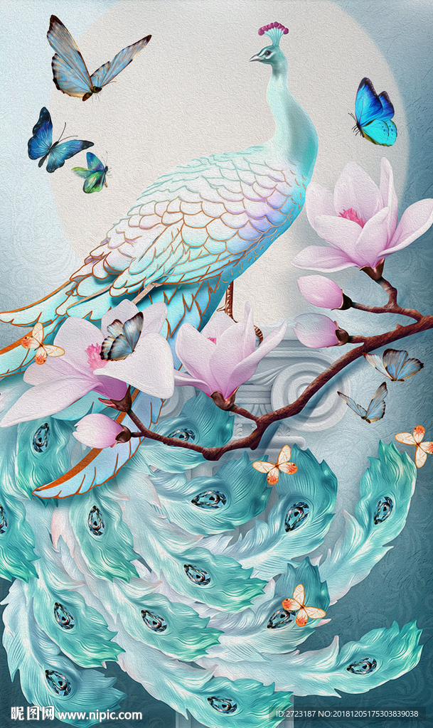 唯美孔雀蝴蝶玄关壁画背景墙