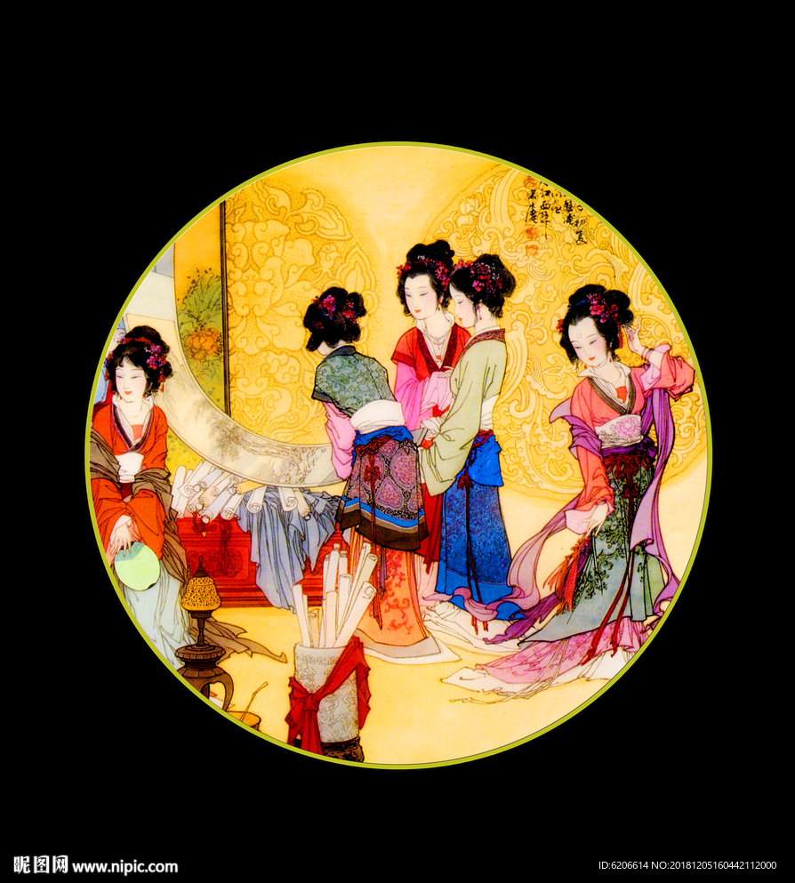 工笔仕女 圆形画
