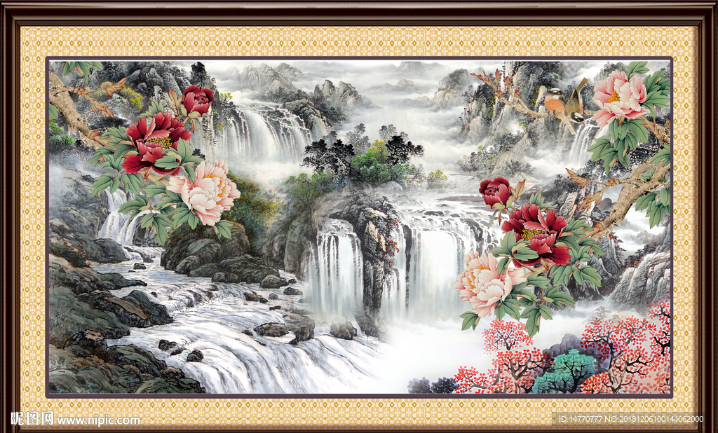 国画风景 巨幅山水 国画牡丹图