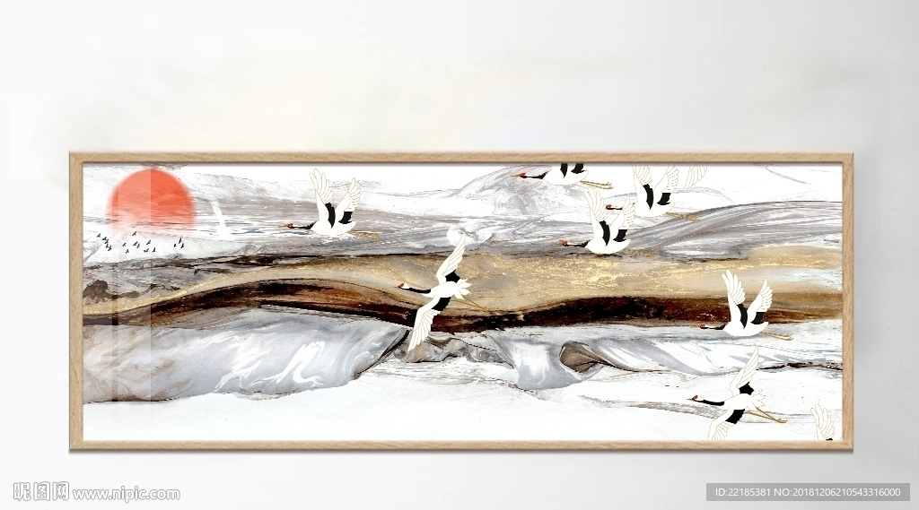 中式创意意境山水仙鹤装饰画