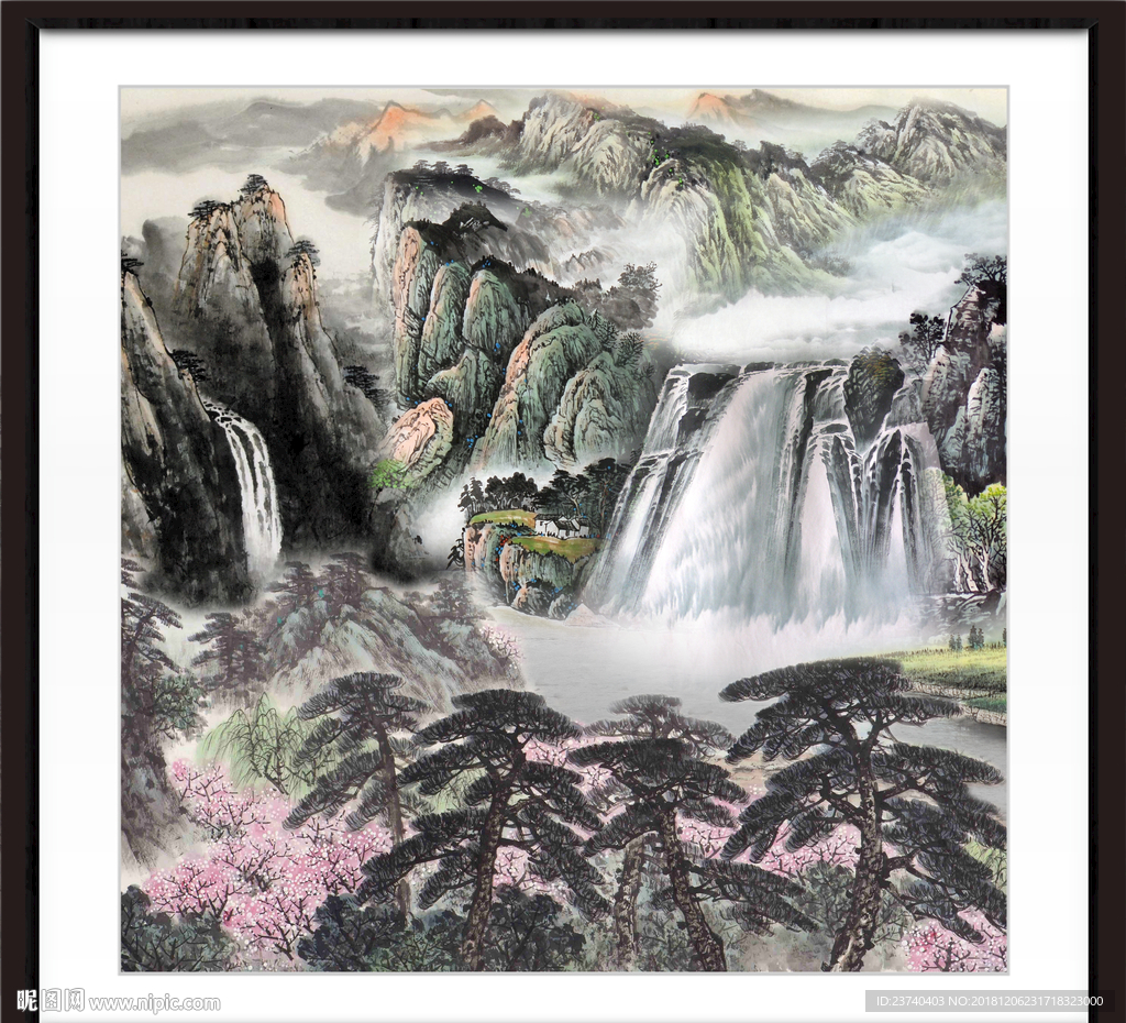 国画瀑布 锦绣山河 旭日东升