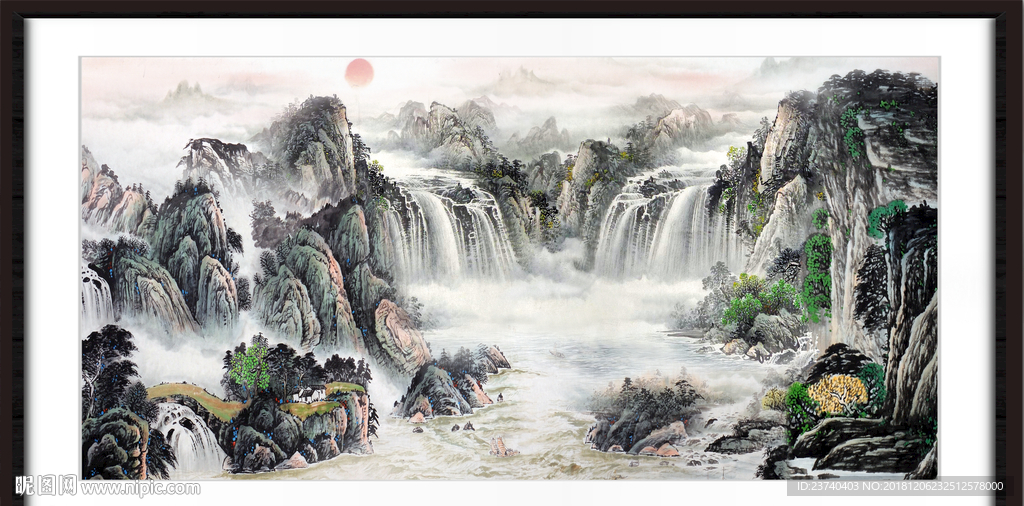 财源广进 瀑布 山水风景画