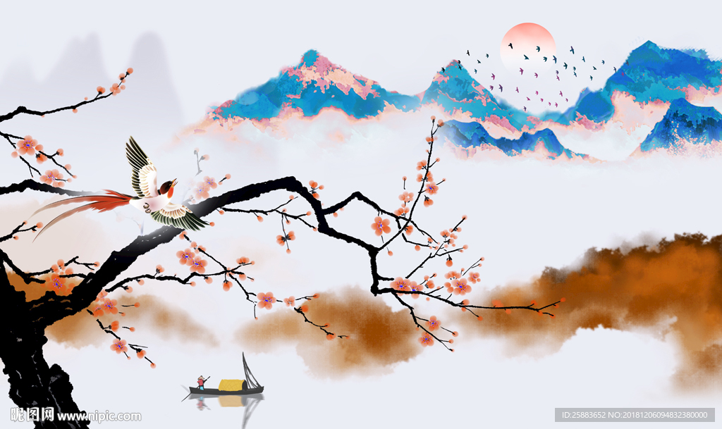 梅花山水新中式电视背景墙