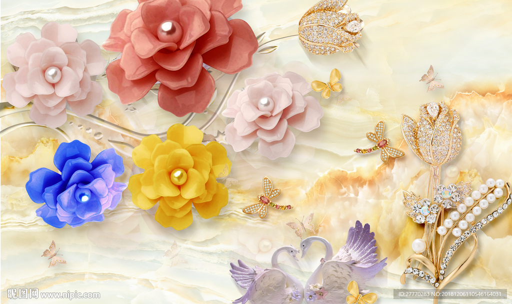 3D立体浮雕珠宝花简约背景墙