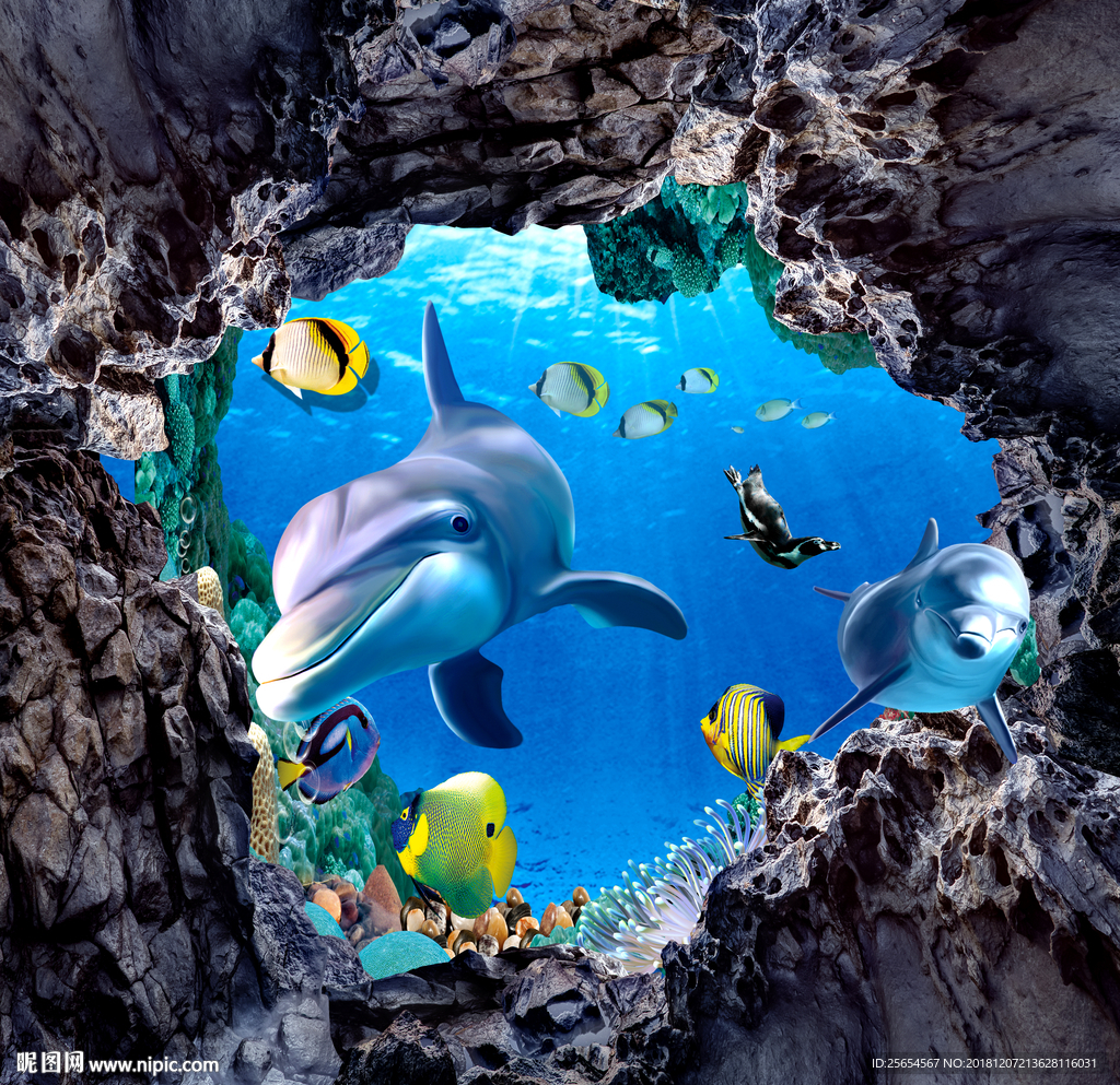 海底世界海豚天顶吊顶壁画