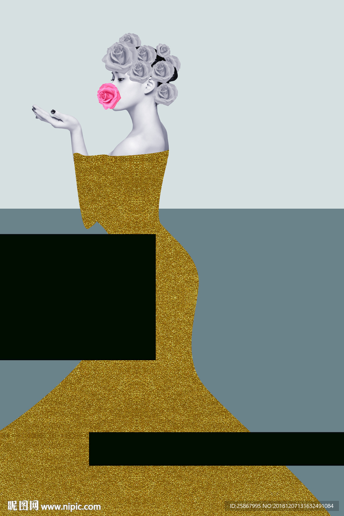 北欧现代黑白金箔美女装饰画