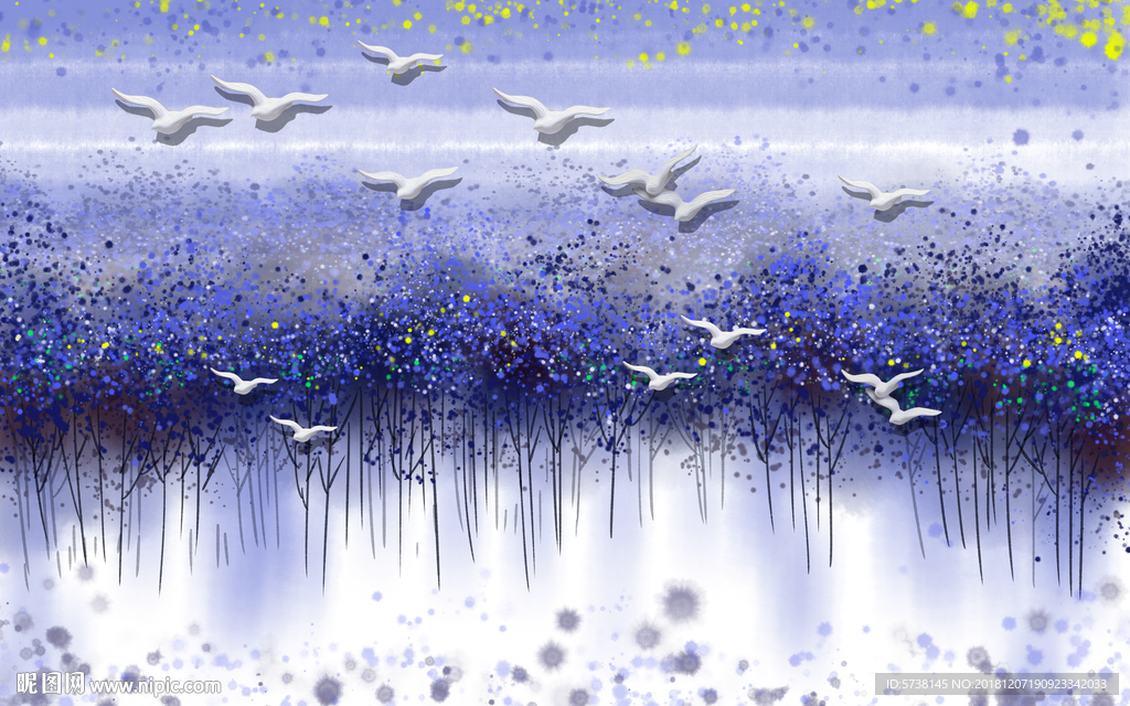 油画蓝色森林立体飞鸟玄关屏风背