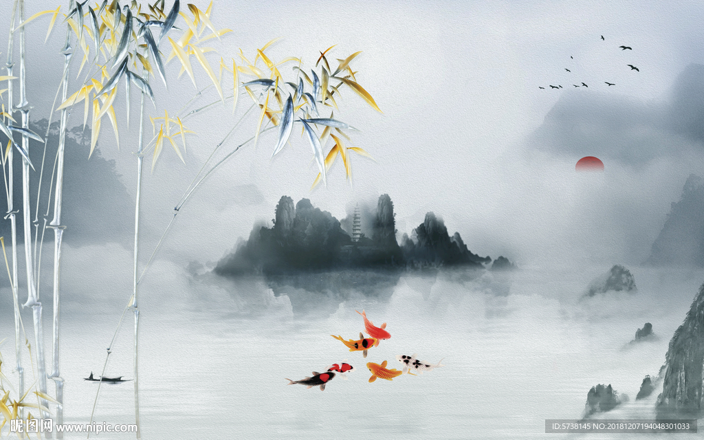 中式水墨山水竹子玄关屏风背景底