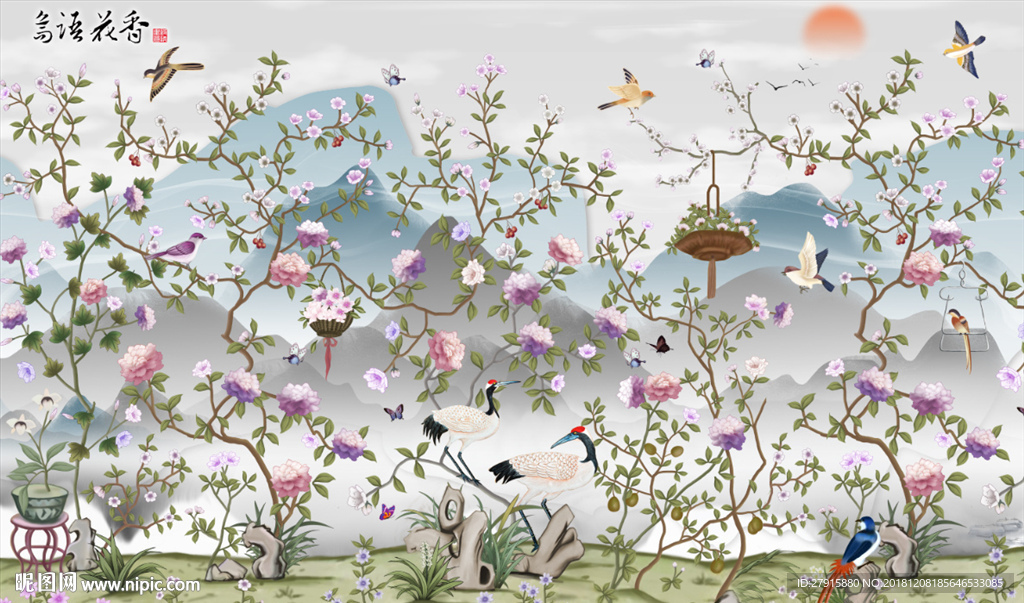 中式鸟语花香电视背景墙