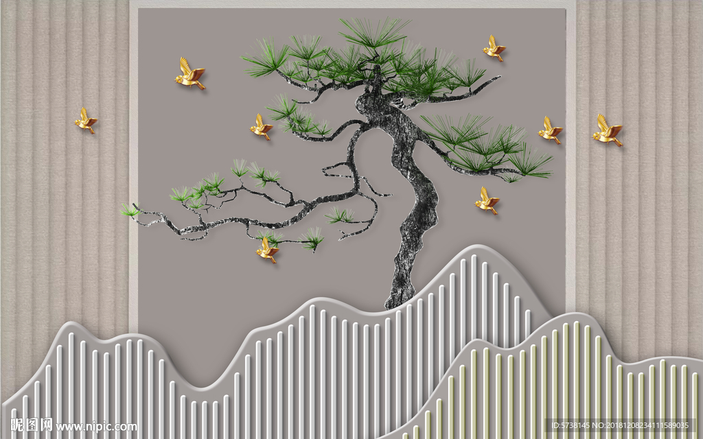 立体玄关屏风松树背景底纹素材艺