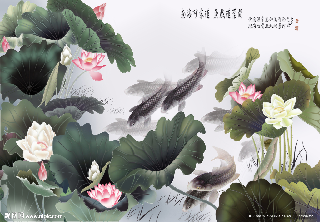 荷花壁画图片