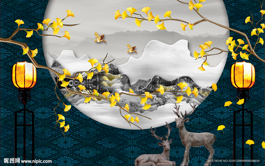 中式场景玄关屏风背景底纹素