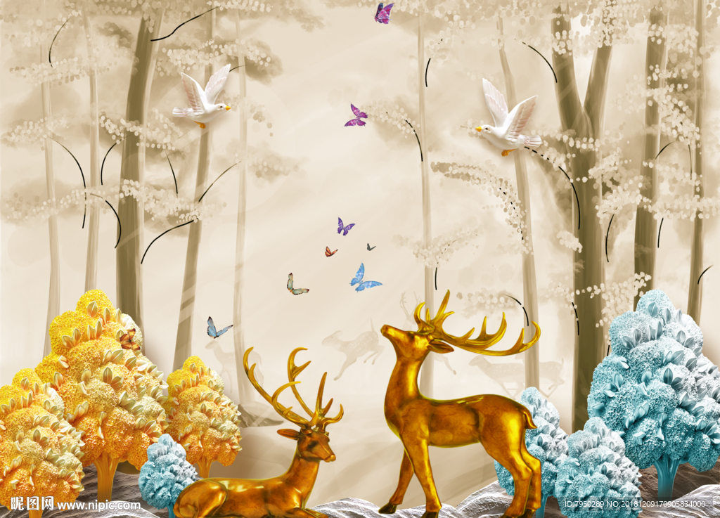 北欧浮雕麋鹿背景墙