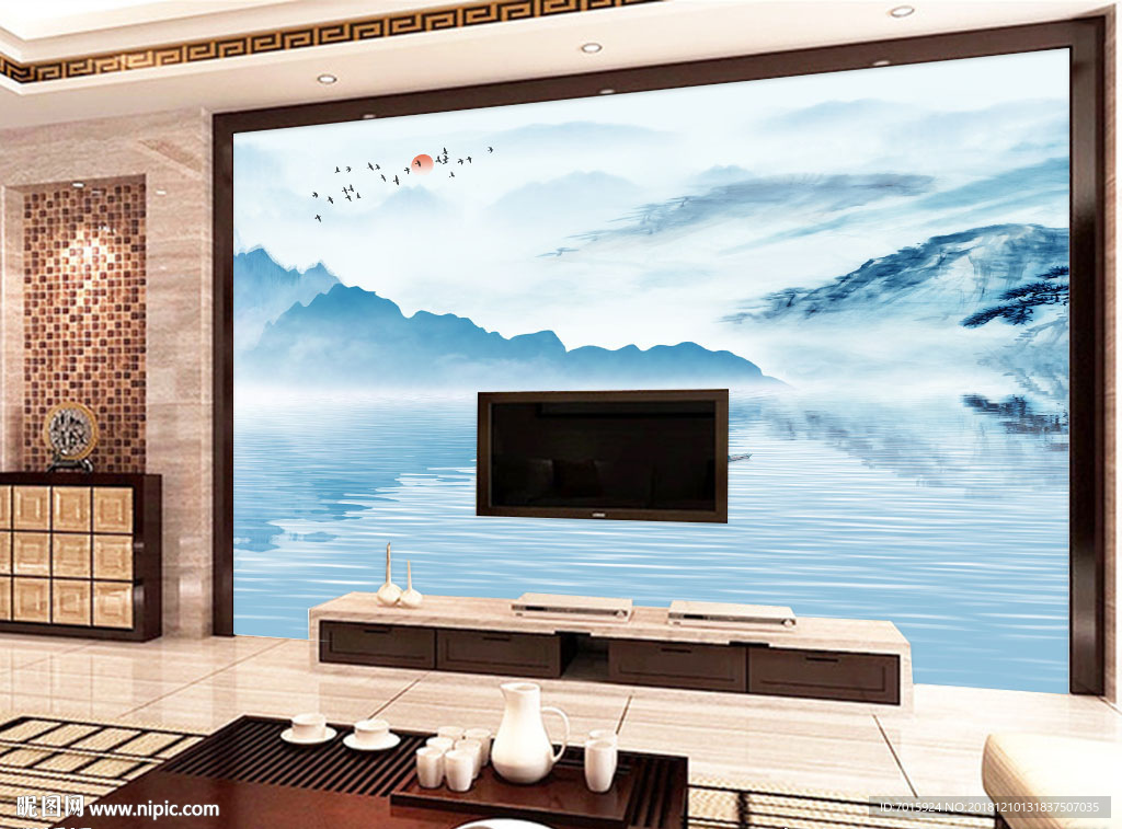 新中式 山水画 高山流水 现代