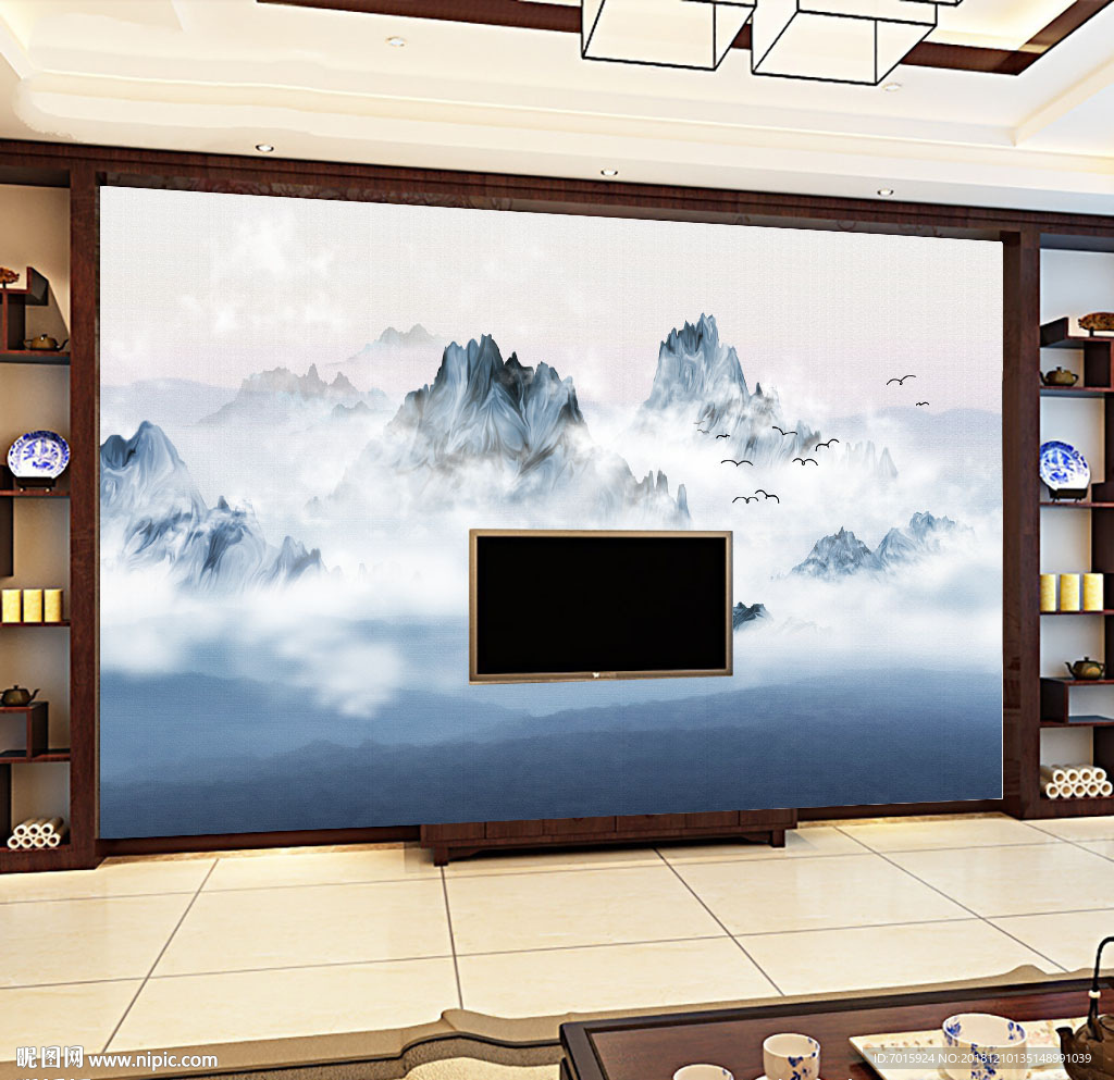 水墨山水画 电视墙 背景墙 壁