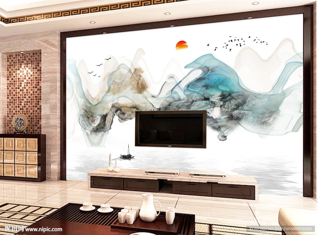 壁画 装饰画 山水 诗意 工笔