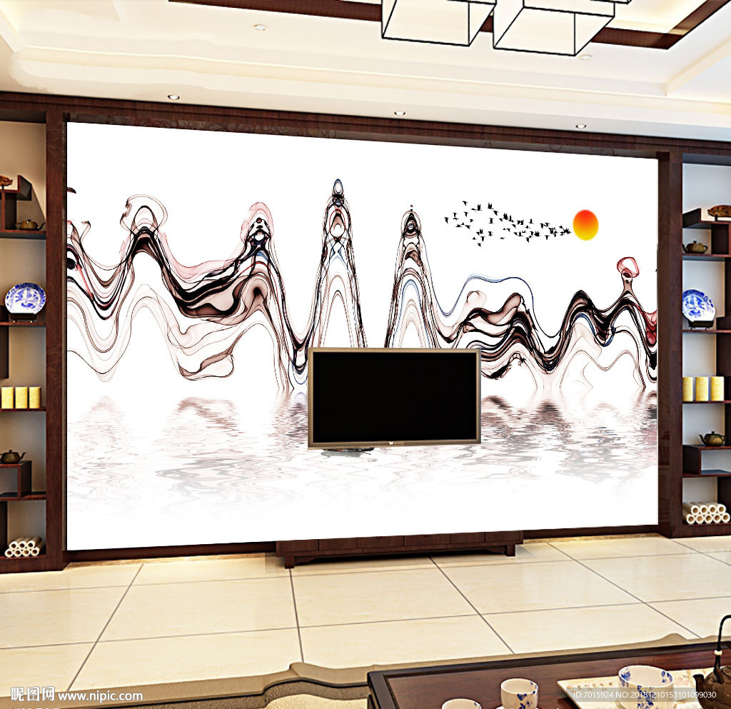 禅意水墨山水 中式背景墙 工笔