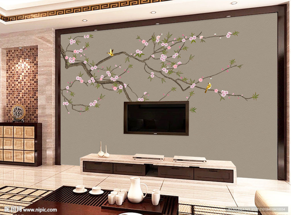 水墨山水电视背景墙 装饰画 无