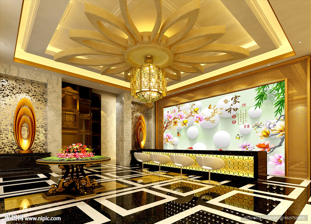 中式背景墙 电视背景墙 彩雕背