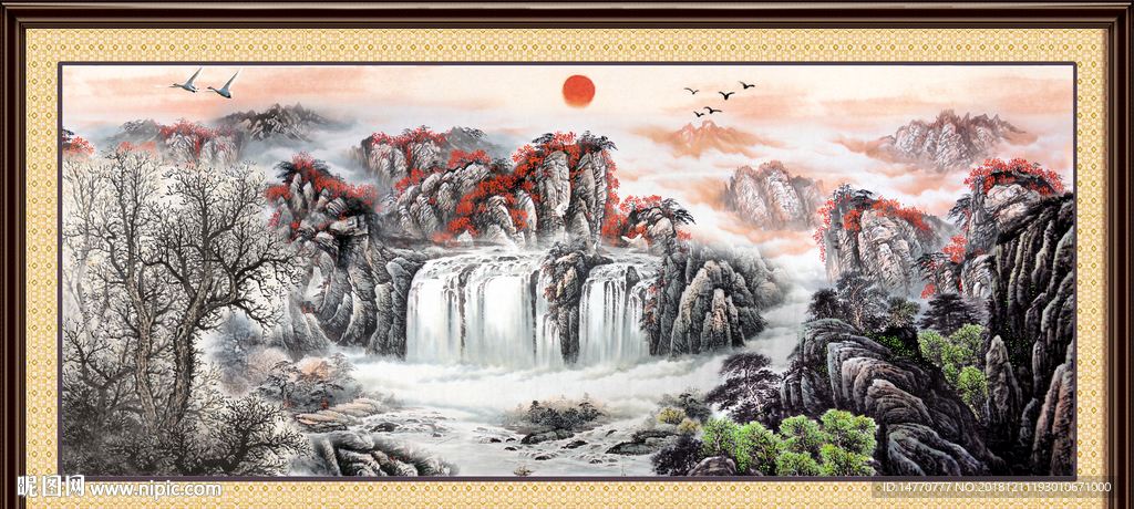 客厅山水画 流水生财 高山流水