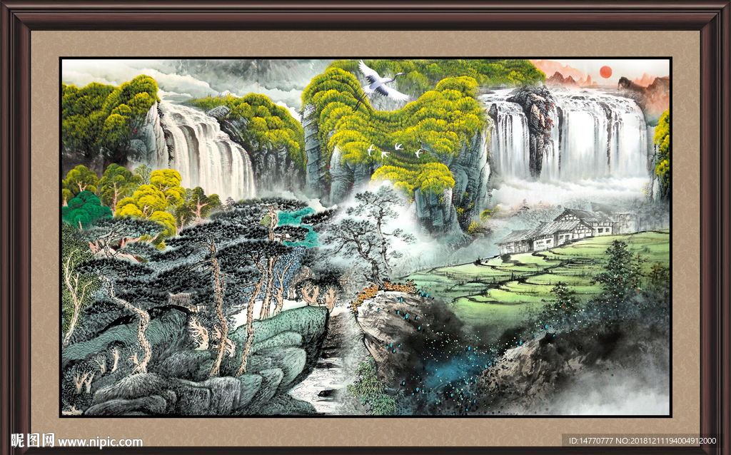 客厅山水画 流水生财 高山流水