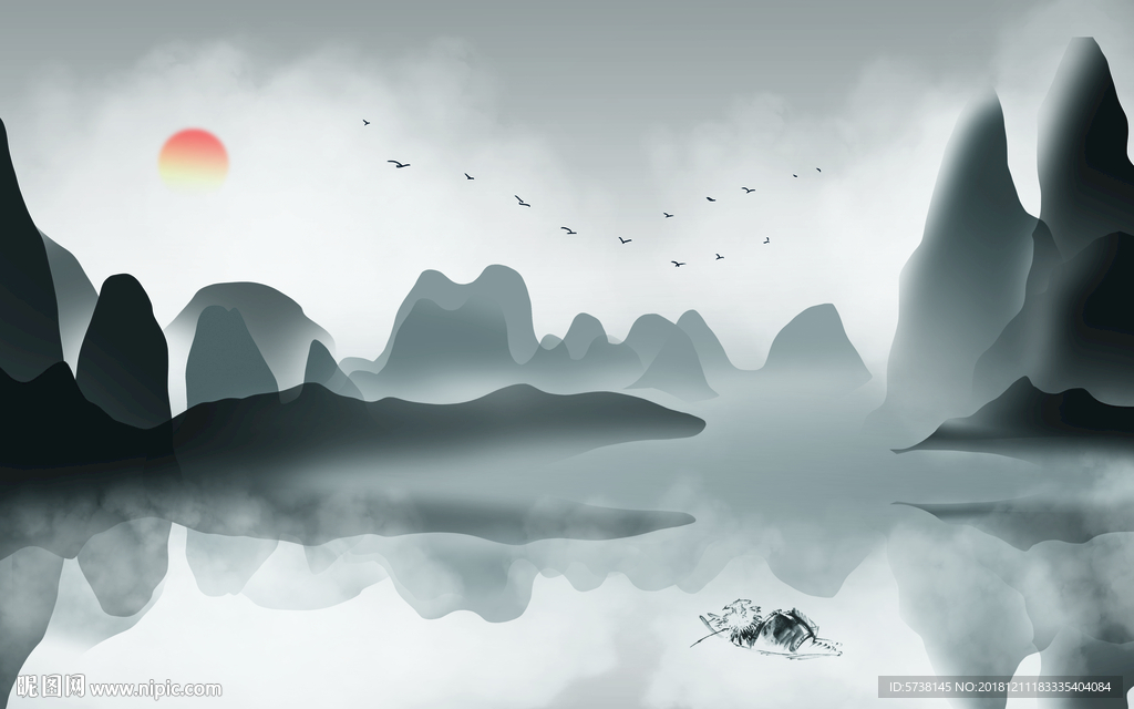 黑白抽象新中式山水玄关屏风背景