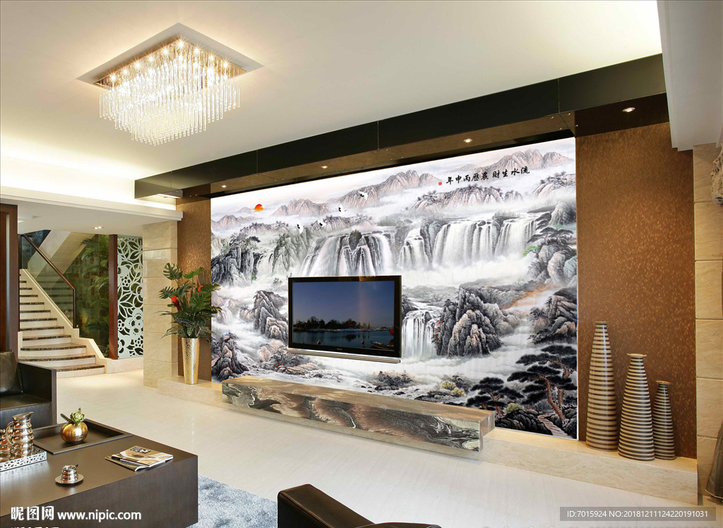 壁画 装饰画 山水 诗意 工笔