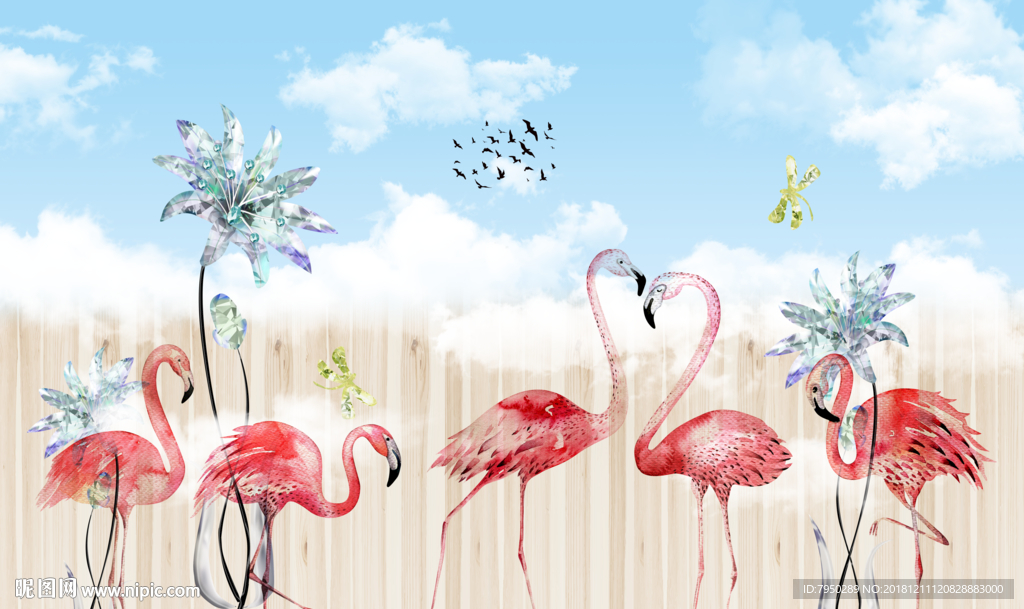 北欧火烈鸟花朵背景墙