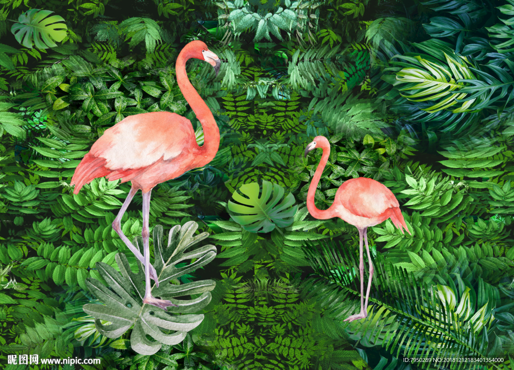绿植火烈鸟背景墙