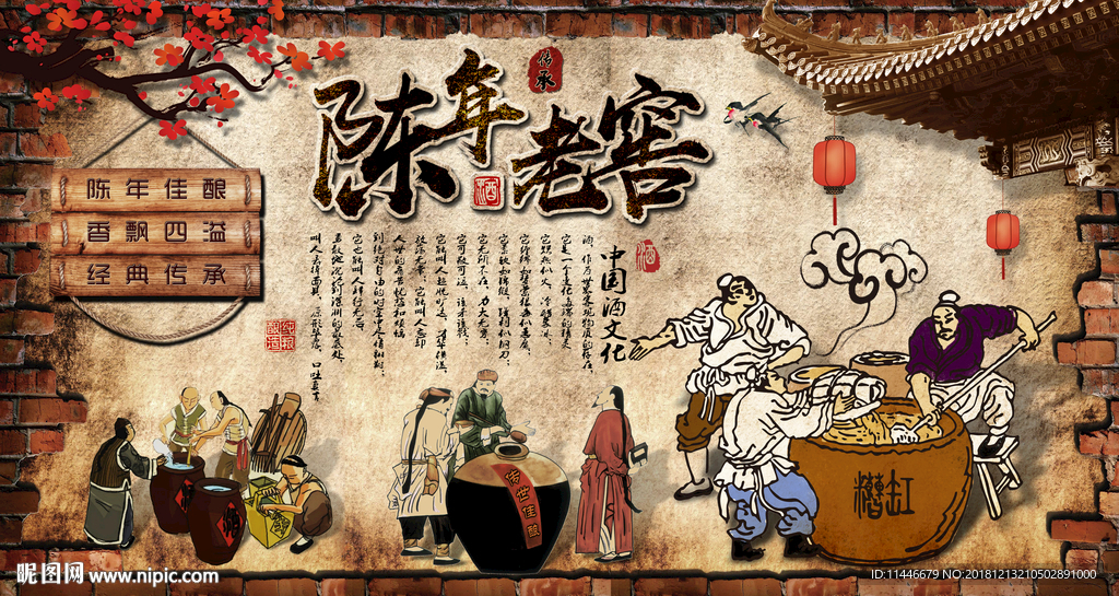 中华酒文化复古背景墙