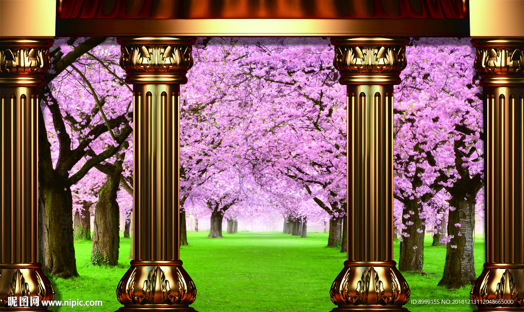 欧式罗马柱樱花立体背景墙