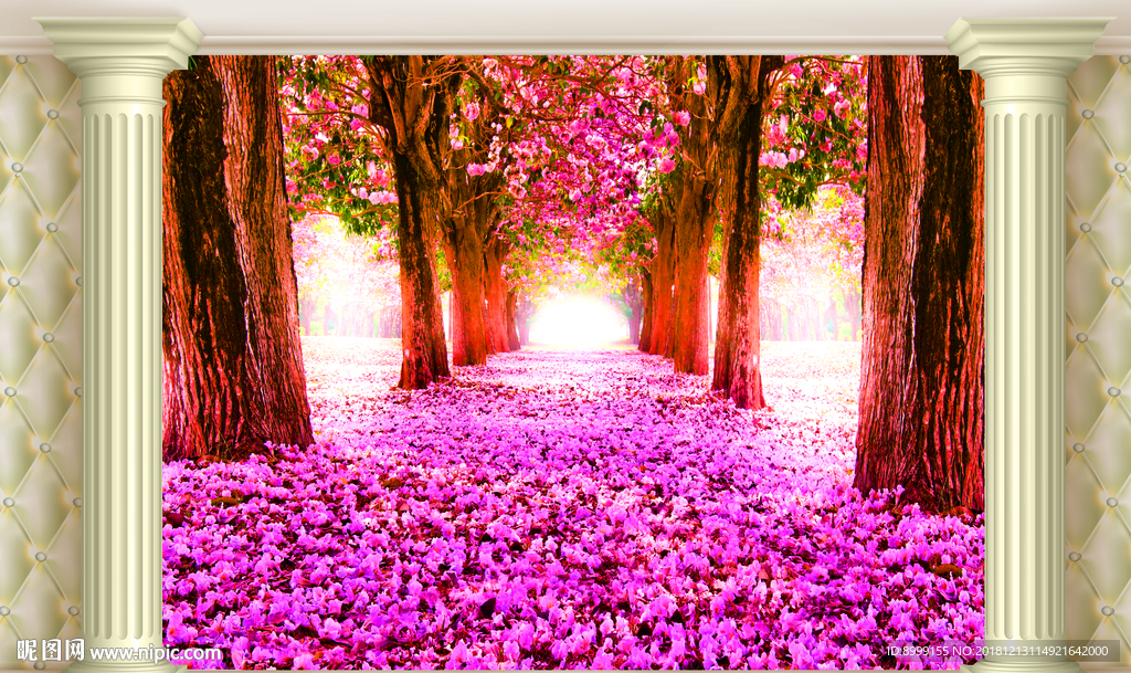 浪漫樱花风景3D欧式柱子背景墙